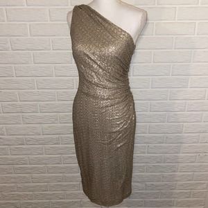Lauren Ralph Lauren Gold Sequin One Shoulder Draped Midi Sheath Dress, Size 4
